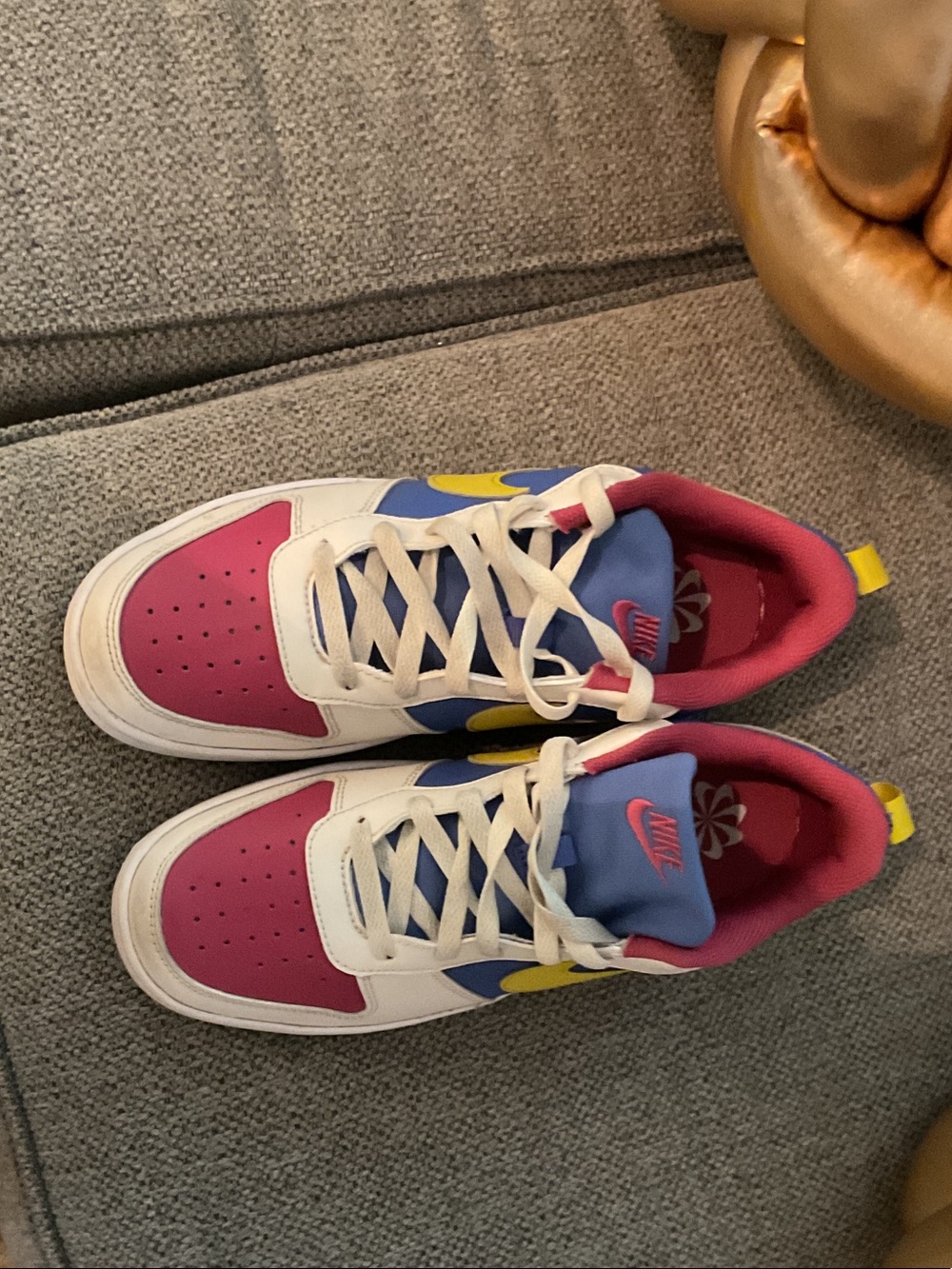 Nike Kids Pink, Blue & White Low-Top Sneakers with Yellow Swoosh - Picture 2 of 5